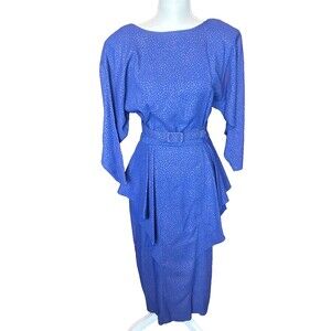 Vintage 80's Brioche California Dress Size 9 Blue Gold Secretary Batwing
